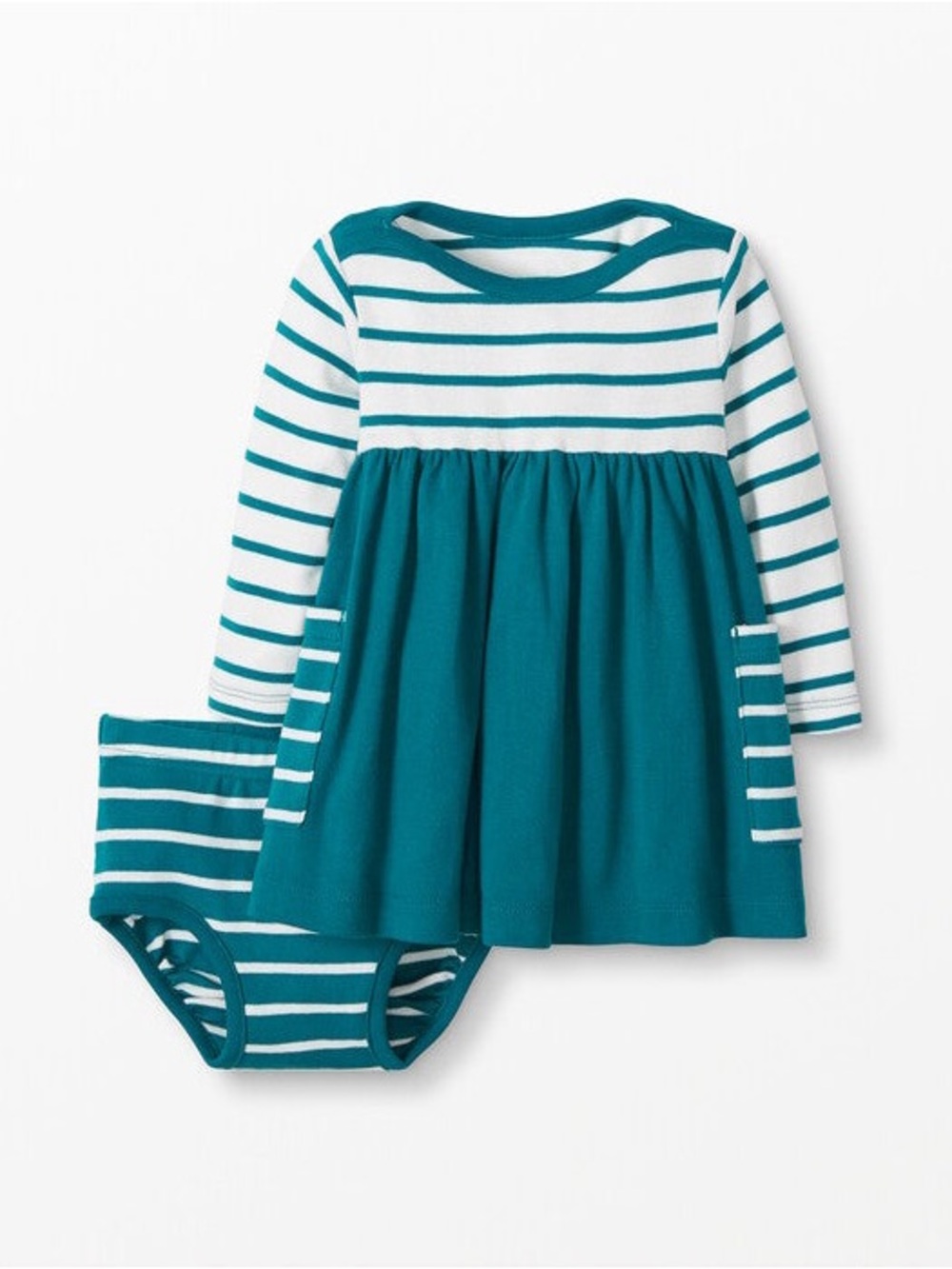 NWT Hanna Andersson Striped Teal & White Baby Long Sleeve Dress